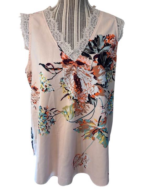 Tops - Floral Top Large Blush Nude Lace-Trim V-Neck Sleeveless Lightweight Camisole